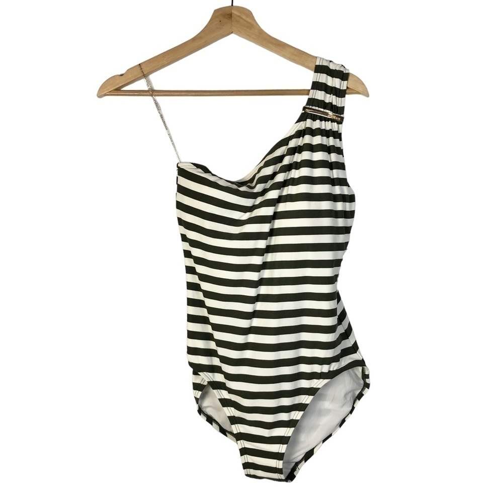 MICHAEL Michael Kors Olive Green Stripe One Shoulder One‎ Piece Swimsuit 10